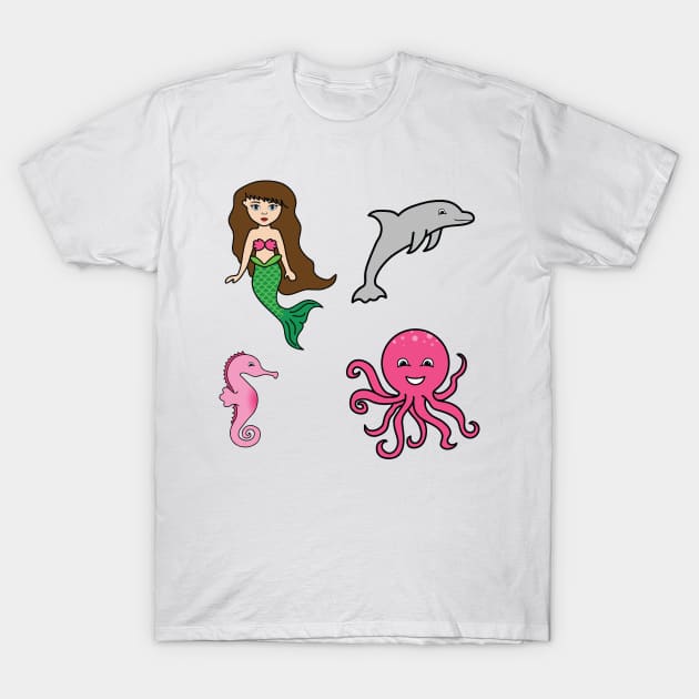 Pink Mermaid and Friends Stickers T-Shirt by PLLDesigns